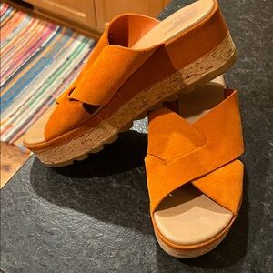 Sorel Orange Suede Platform Slides